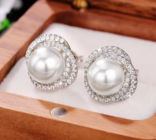 Boucles d'Oreilles Perle Ronde Double Cercle Strass Argenté Mariage
