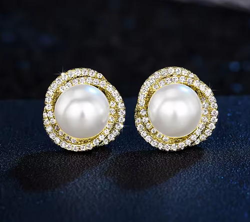 Pendientes de Perla Redonda Doble Círculo Strass Plateado Boda