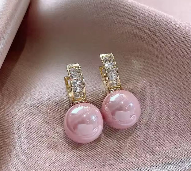 Gold Creole Earrings with Dangling Pearl and Baguette Rhinestones for a Wedding