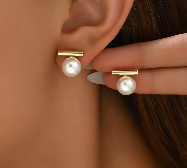 Round Pearl and Minimalist Gold Bar Wedding Earrings