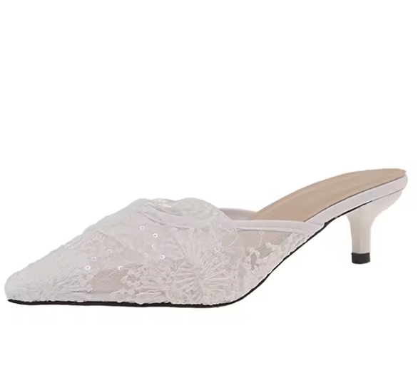 Mules Mariée Kitten Heel Broderie Florale Blanche