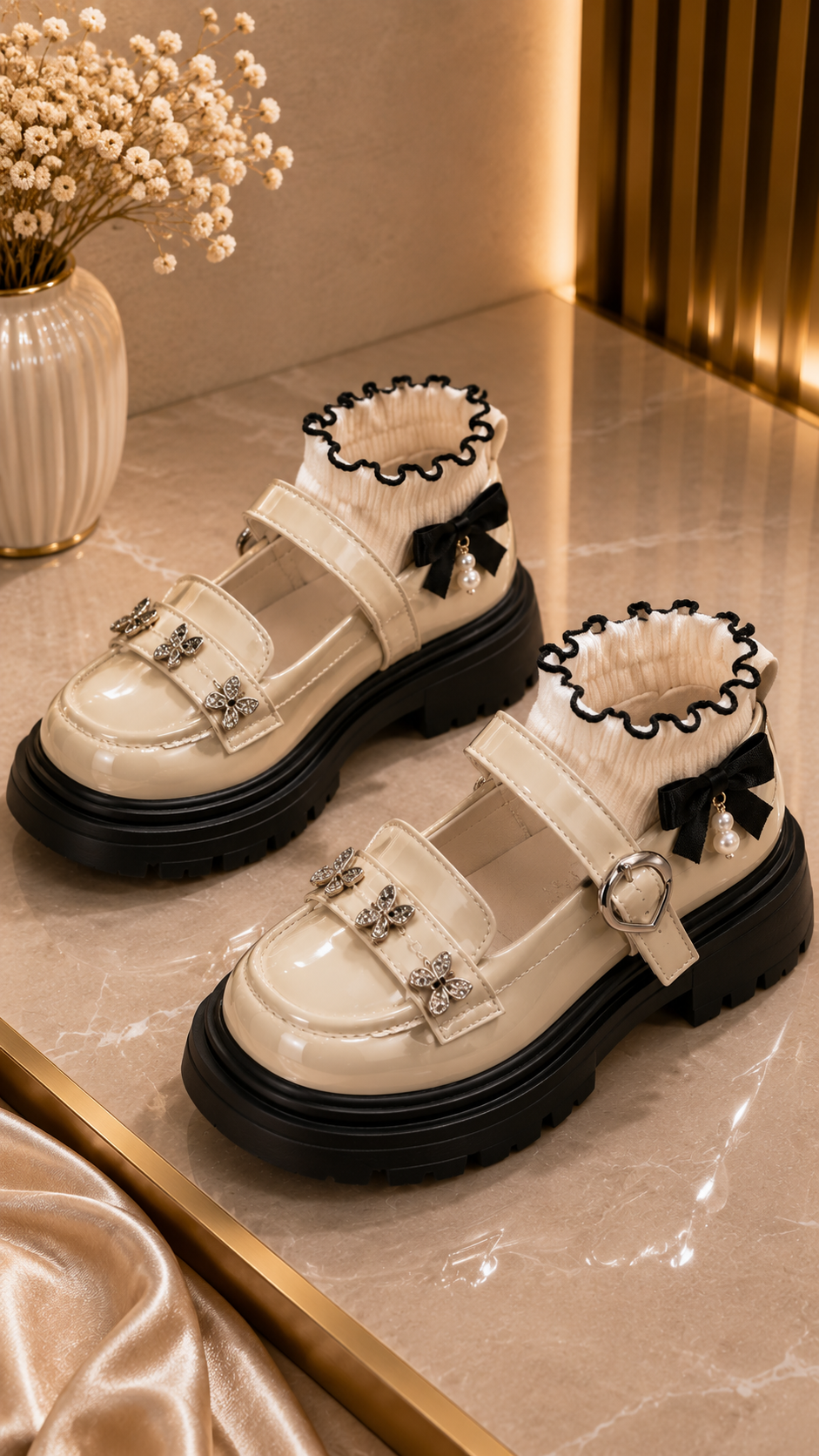 Chaussures Mary Jane Beige Semelle Épaisse Nœuds Métal & Chaussette Volantée Fille