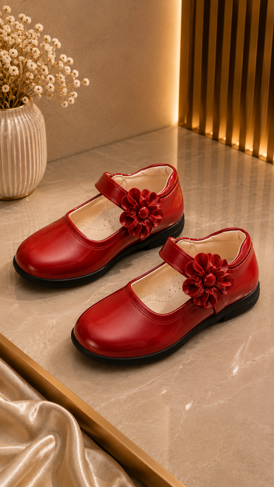 Chaussures Mary Jane Rouge Fleur 3D Fille – Bride Velcro
