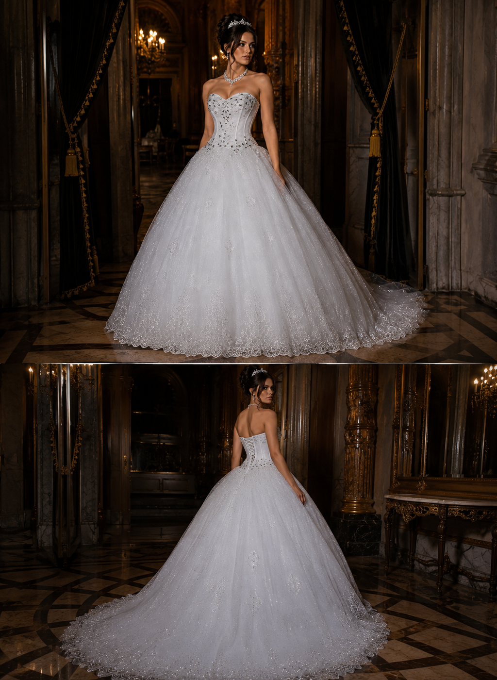 Robe de Mariée Princesse Bustier Cristaux et Dentelle
