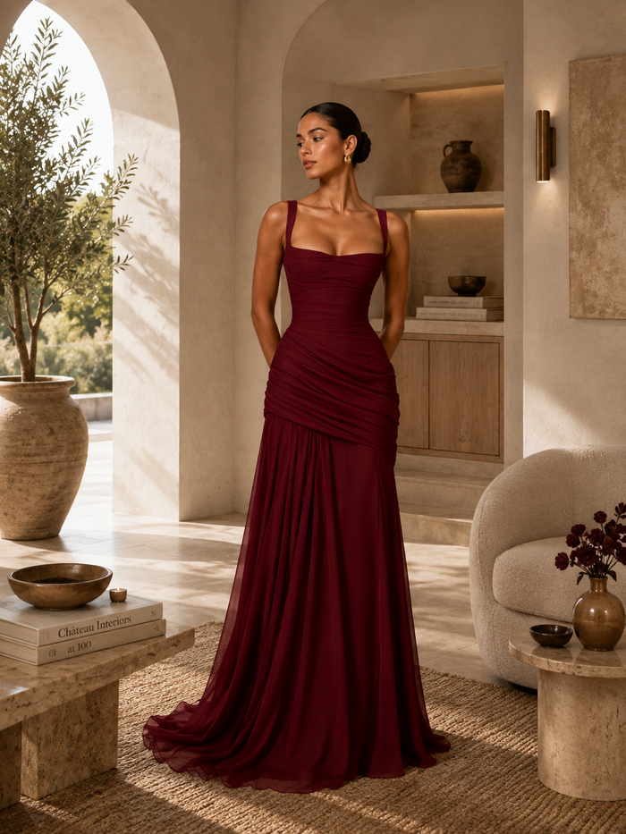 Robe longue bordeaux à bretelles larges avec jupe en tulle fluide
