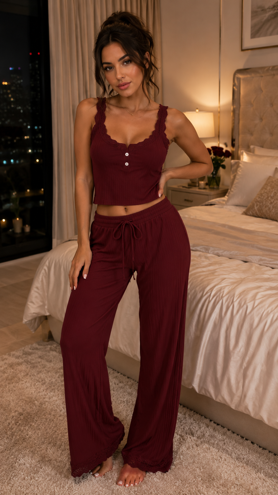 Femme portant l’ensemble pyjama bordeaux côtelé dentelle crop top et pantalon large