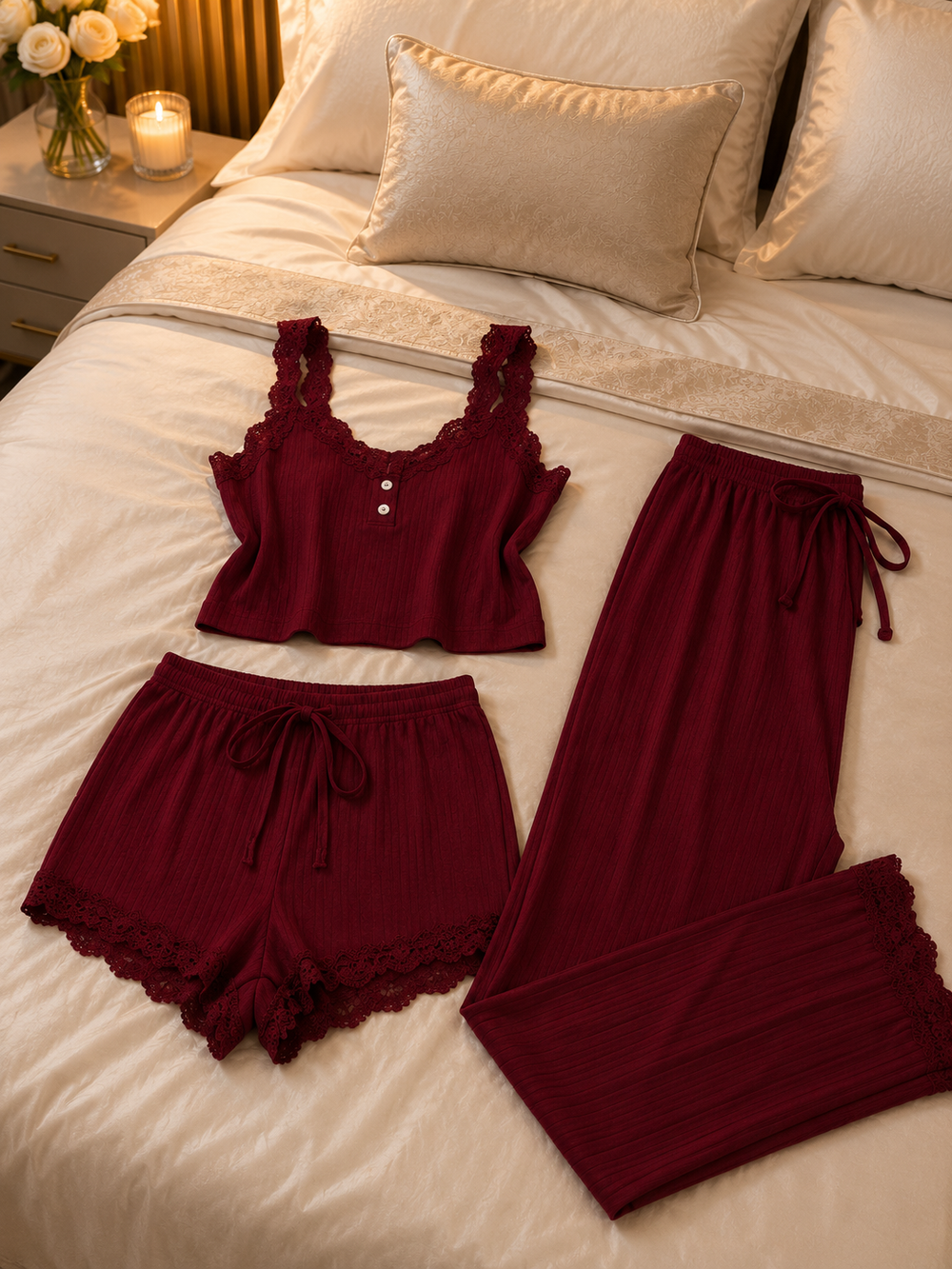 Ensemble 3 pièces pyjama bordeaux côtelé dentelle – crop top bretelles, short et pantalon large assortis