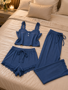 Ensemble 3 Pièces Pyjama Bordeaux Côtelé Dentelle – Crop Top, Short & Pantalon Large