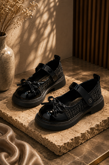 Chaussures Mary Jane Tweed Nœud Fille – Noir & Beige