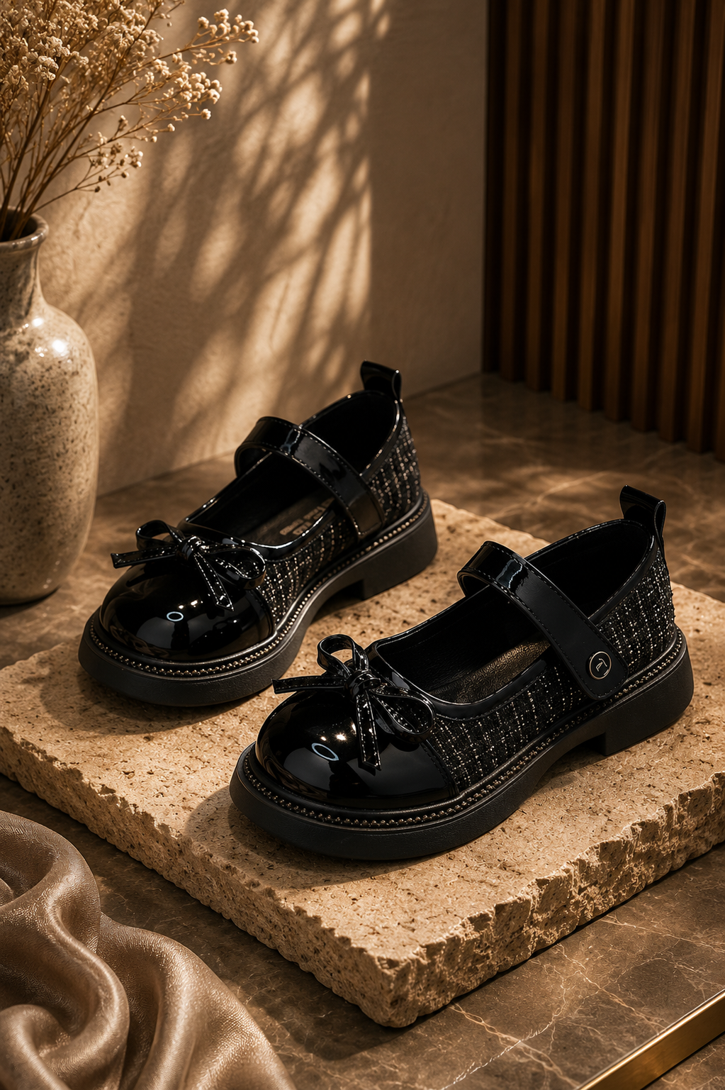 Chaussures Mary Jane Tweed Nœud Fille – Noir & Beige