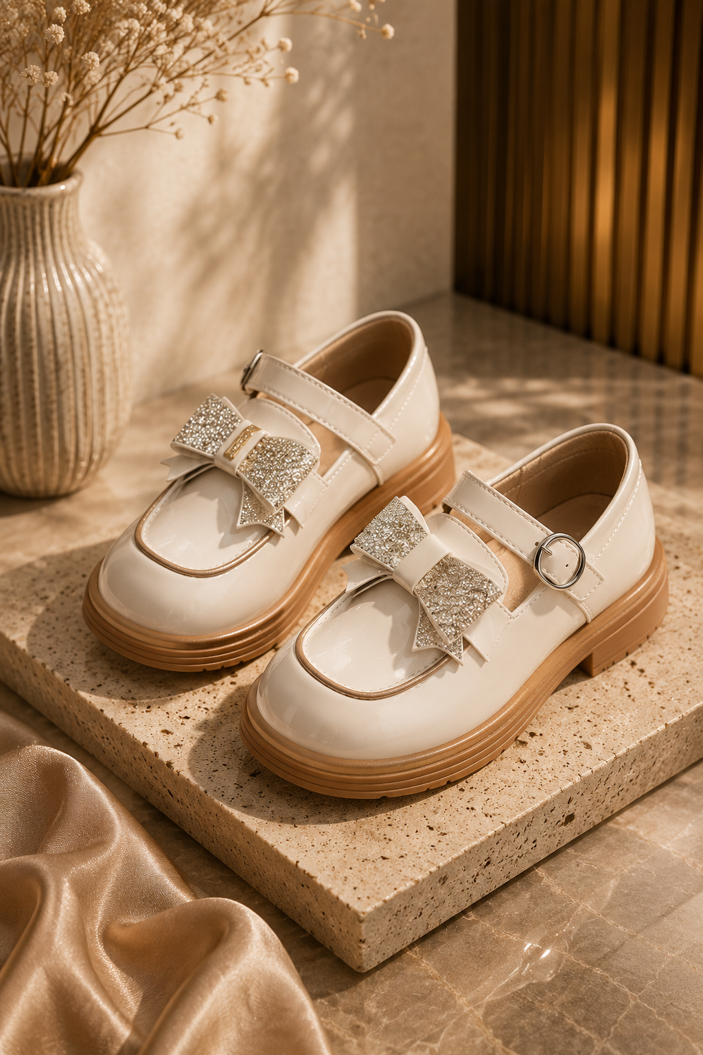Chaussures Mary Jane beige avec nœud pailleté doré et bride boucle pour fille