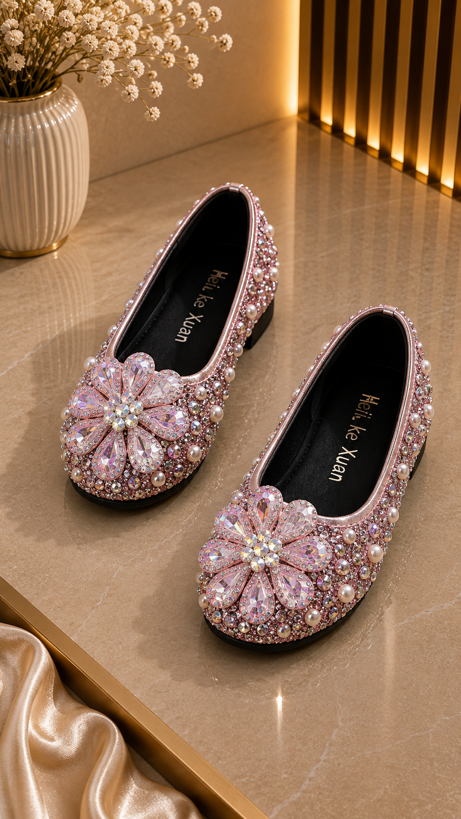 Ballerines Scintillantes Fleur Perles & Strass Fille – Noir, Blanc, Rose, Doré