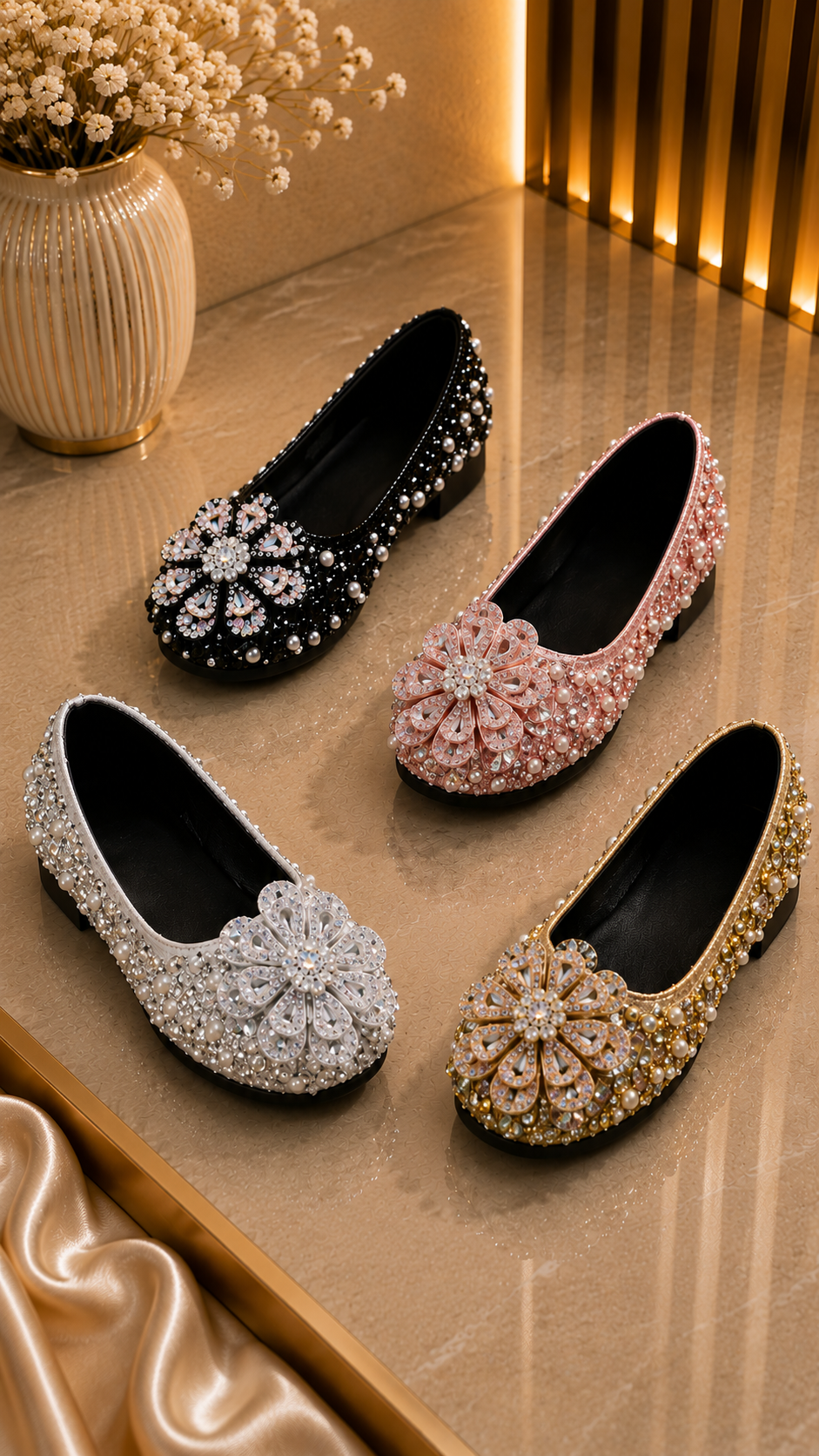 Ballerines scintillantes fleur perles et strass pour fille en 4 coloris : noir, blanc, rose et doré
