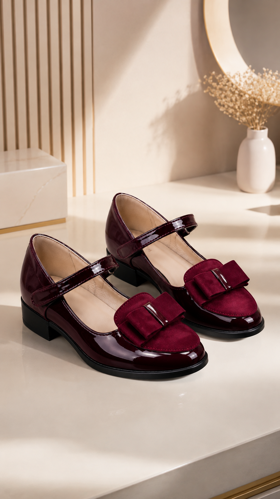 Chaussures Mary Jane bordeaux verni avec grand nœud en velours et talon bloc pour fille – bride velcro