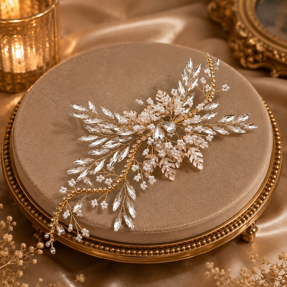 Headband mariée fil doré cristaux navettes et perles