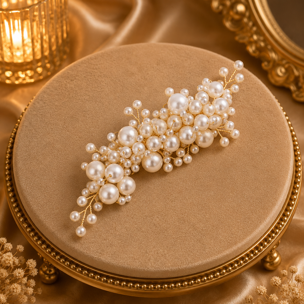 Barrette mariée grappes de perles nacrées sur fil doré
