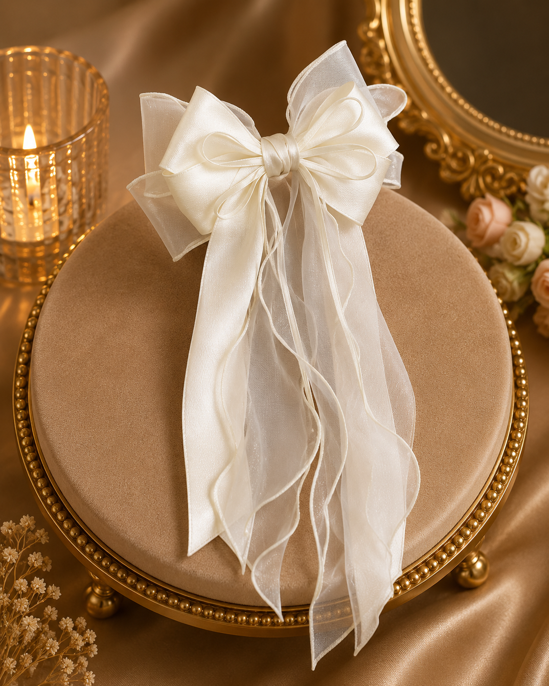 Barrette nœud ruban satiné organza ivoire longues queues pour mariage
