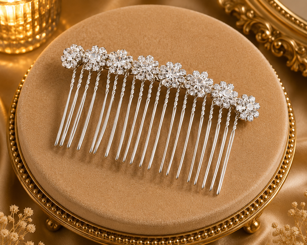 Peigne cheveux fleurs strass argenté pour mariage