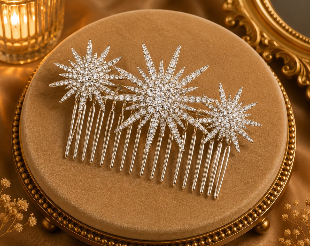 Peigne mariée triple étoiles strass dorés pour mariage