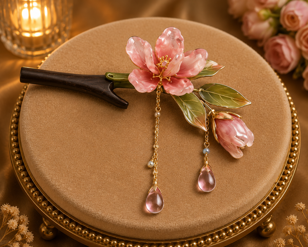 Épingle chignon fleur de cerisier rose feuilles émaillées pendentifs cristal doré