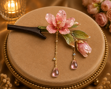 Épingle chignon fleur de cerisier rose feuilles émaillées pendentifs cristal doré