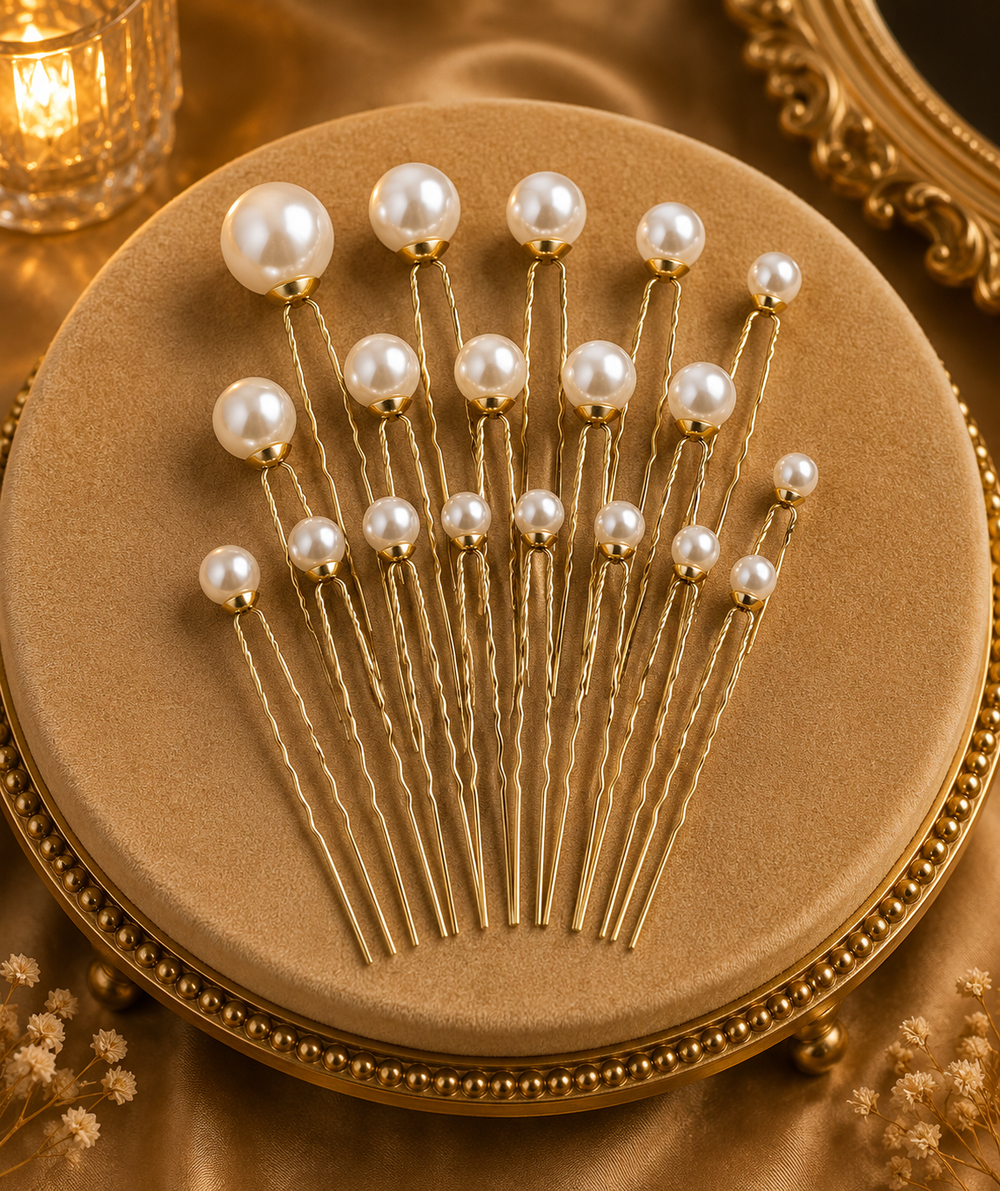 Set épingles chignon perles nacrées multi-tailles tiges dorées torsadées pour mariage