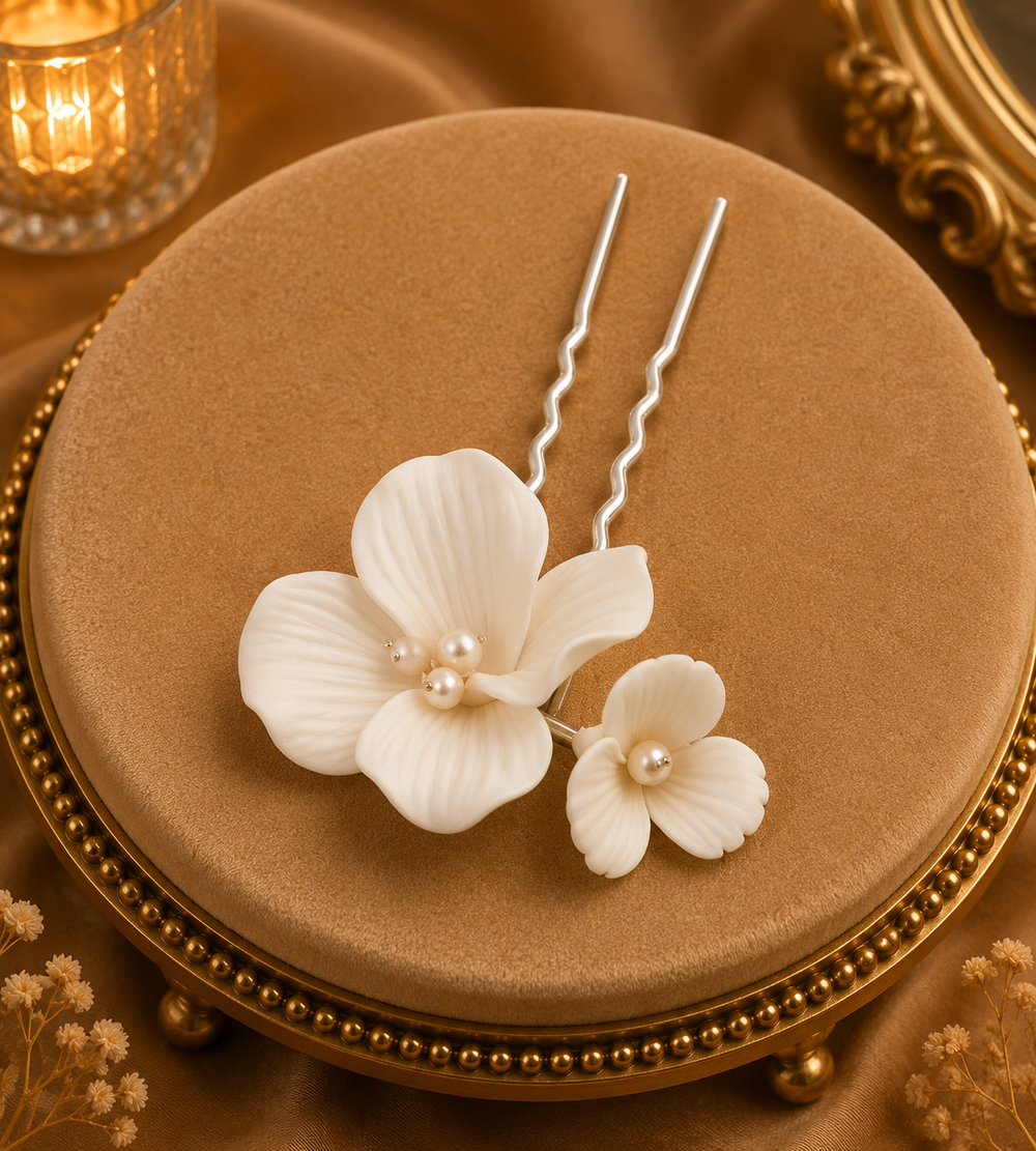 Set 2 épingles chignon fleurs ivoire porcelaine avec perles nacrées pour mariage
