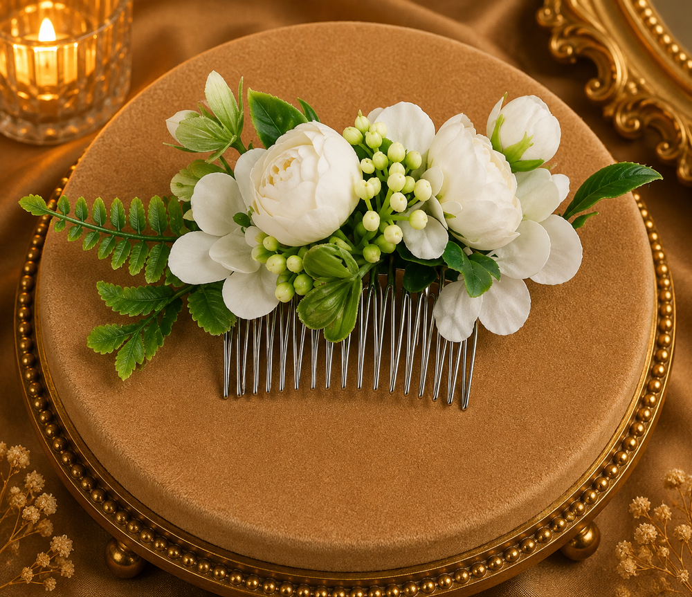 Peigne mariée pivoines blanches hortensias baies vertes et feuillage printanier