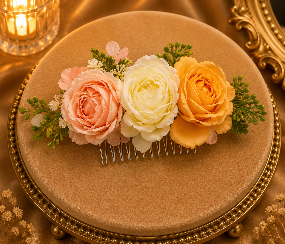 Peigne mariée trio roses pastel rose pêche ivoire et orangé avec verdure