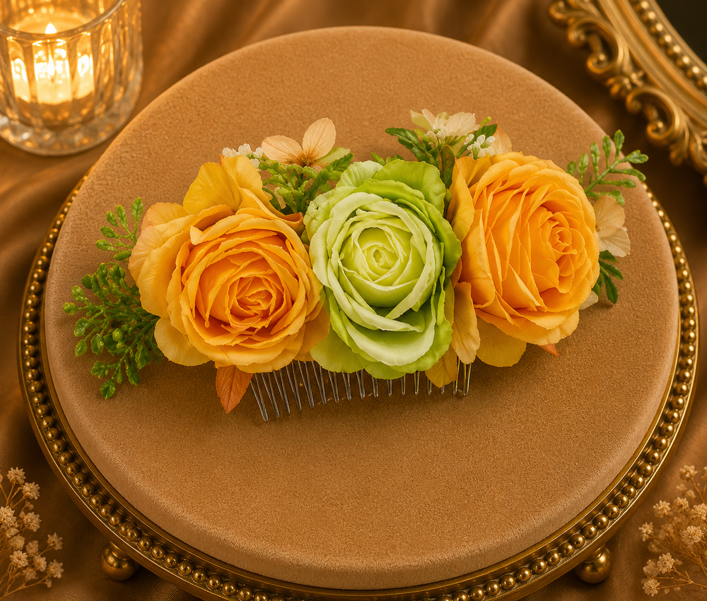 Peigne coiffure trio roses orangées et rose verte avec feuillage pour cérémonie