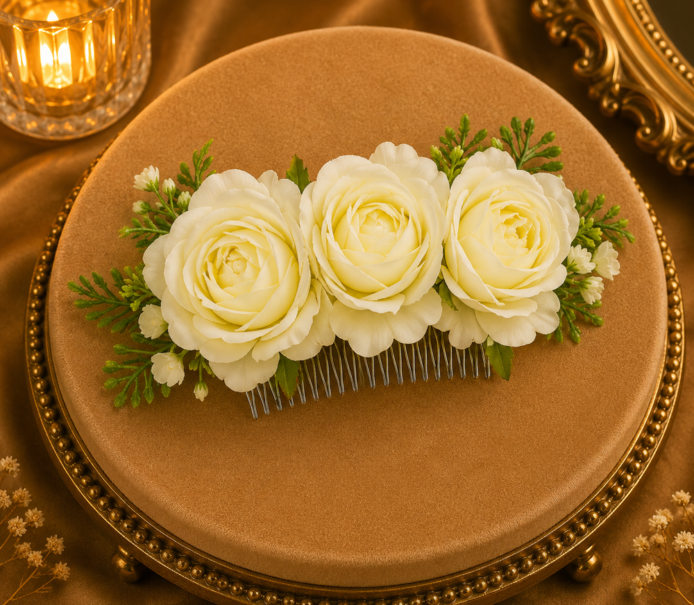 Peigne mariée trio pivoines ivoire avec petites fleurs blanches et verdure verte