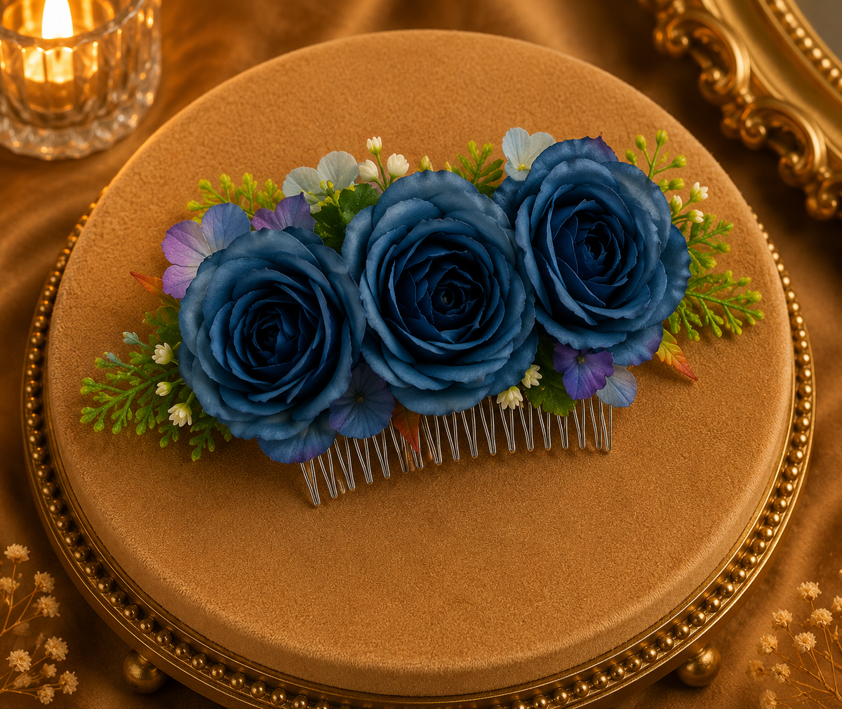 Peigne coiffure trio roses bleu marine avec petites fleurs mauves et verdure verte