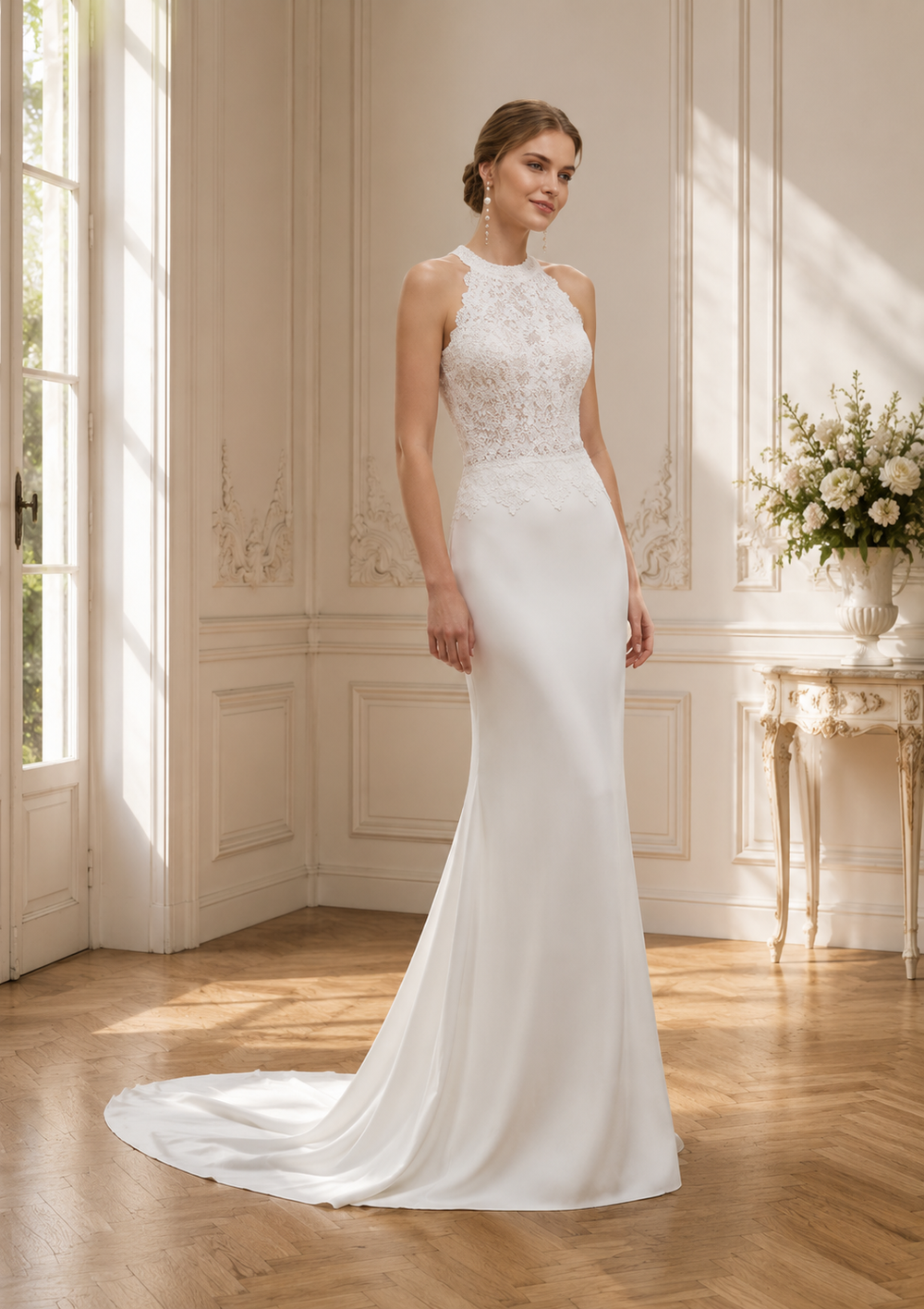 Robe de Mariée Sirène Col Halter Dentelle - Vue de face