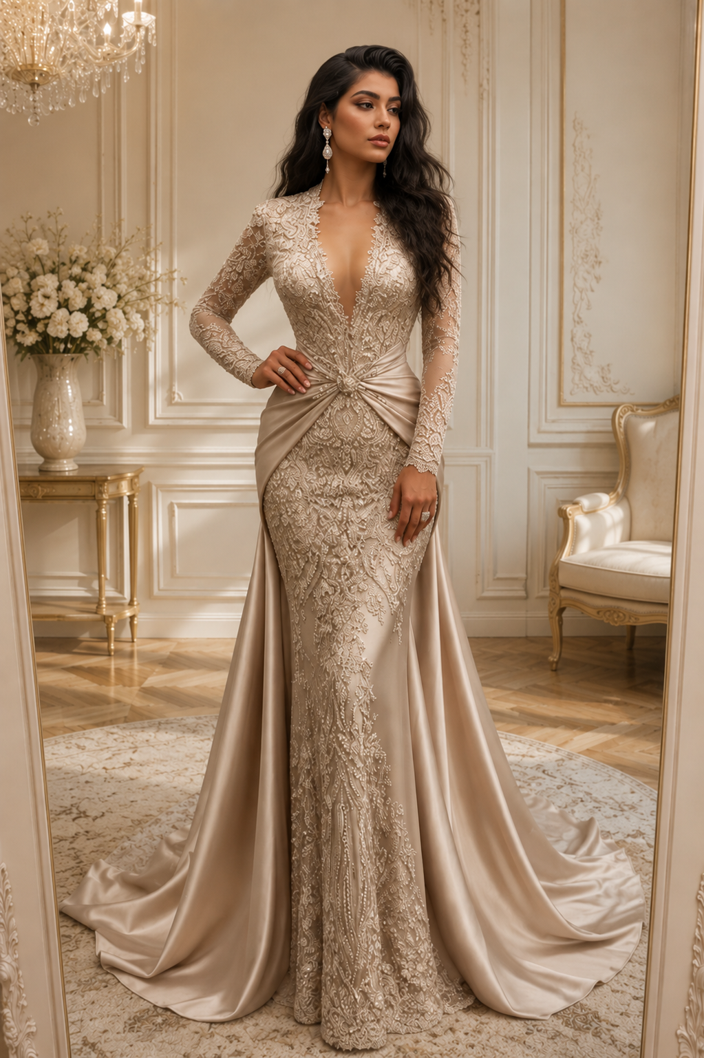 Robe de Mariée Sirène Manches Longues Dentelle Dorée - Vue complète