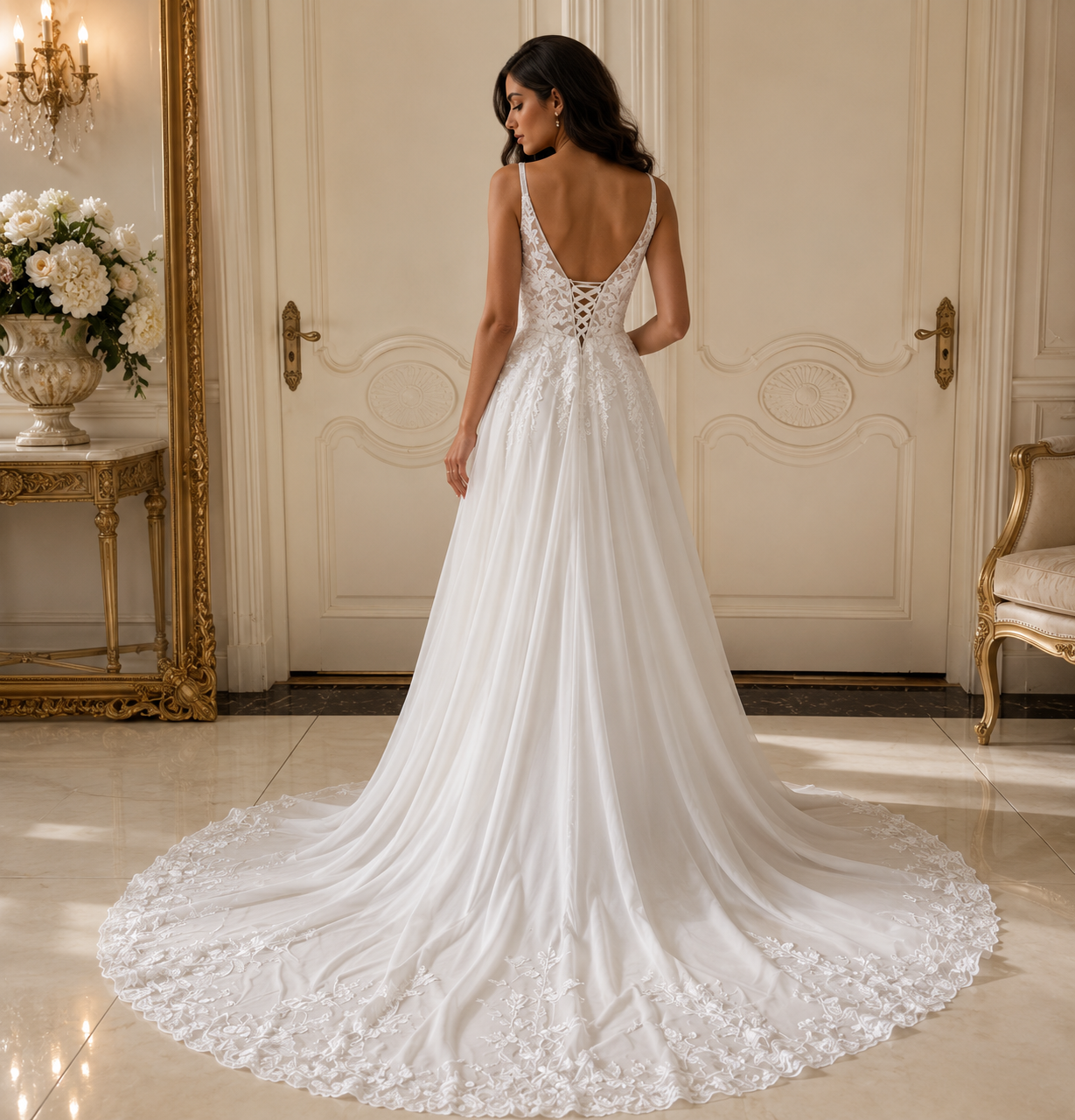 Robe de Mariée Trapèze Dentelle Florale - Vue de dos