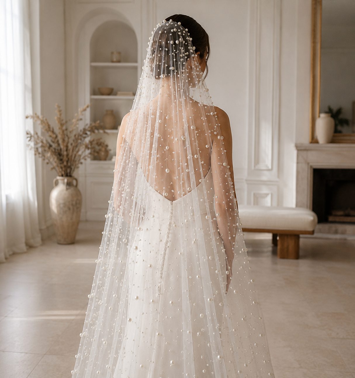 Voile de mariée cathédrale perles nacrées
