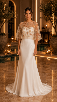 Châle cape brodé fleurs dorées pour mariée