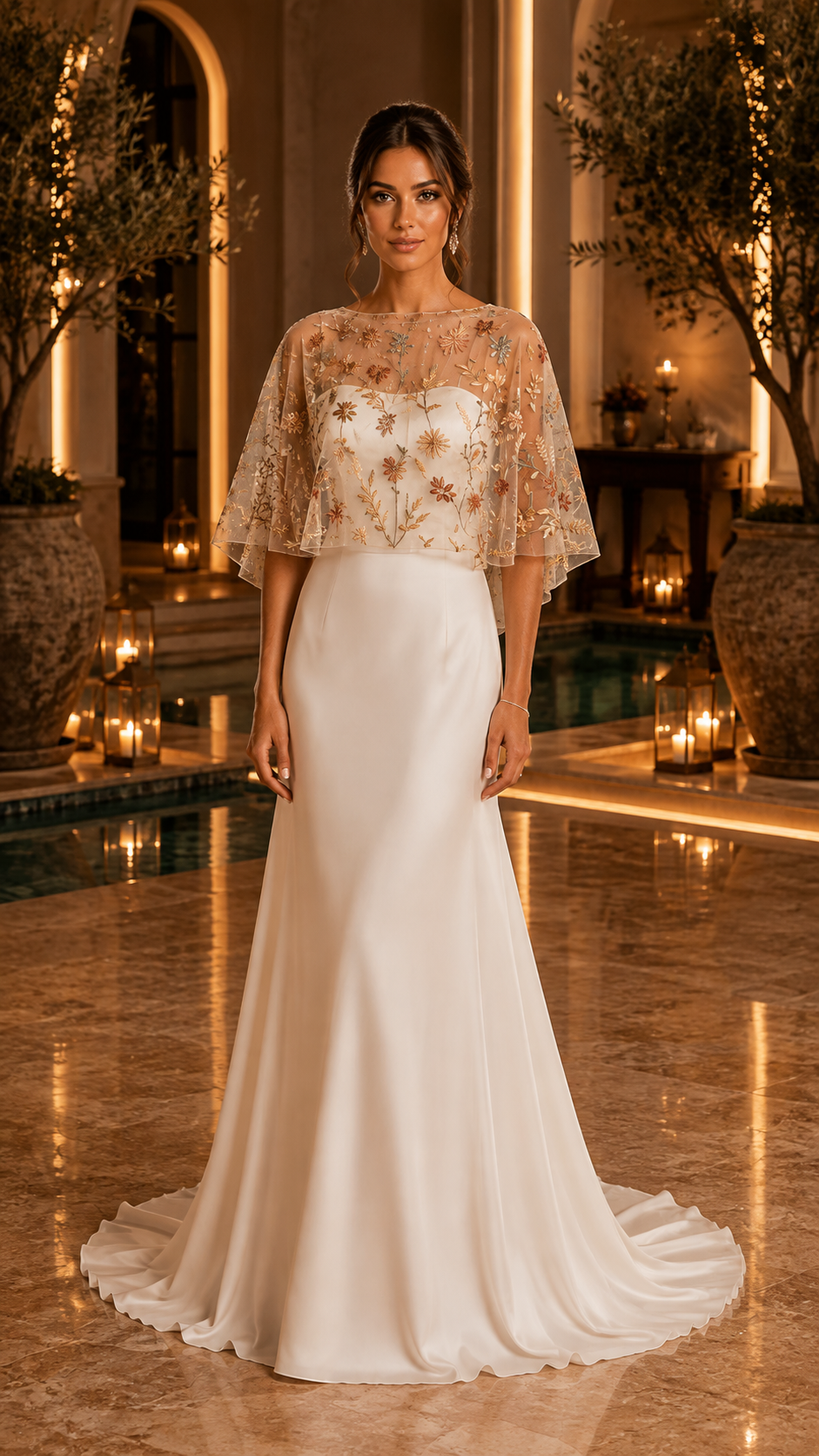 Châle cape brodé fleurs dorées pour mariée