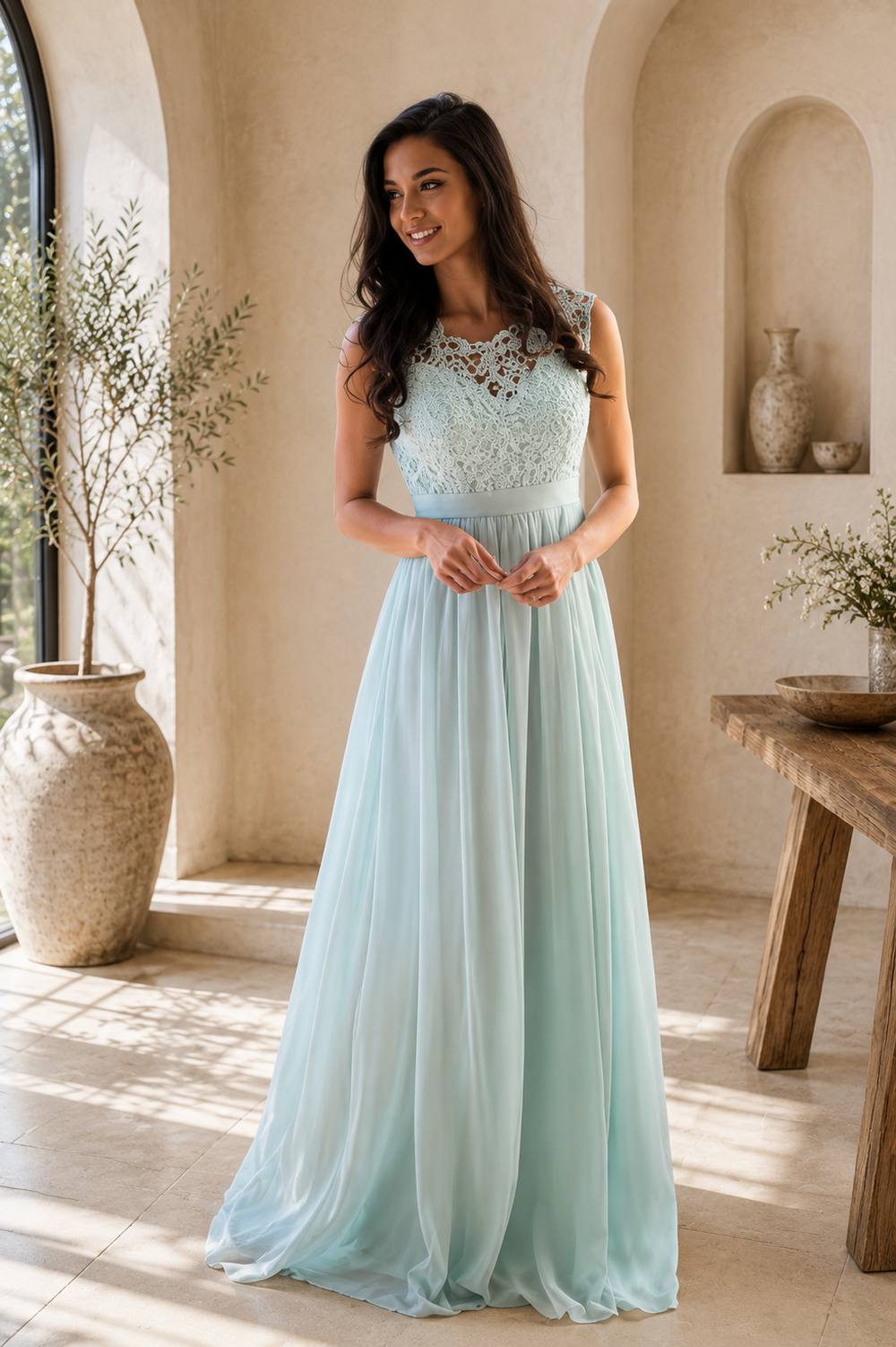 Robe longue bleu ciel avec corsage en dentelle florale et jupe fluide en mousseline