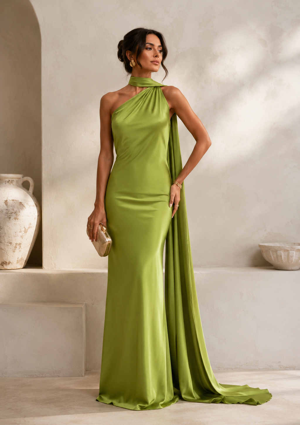 Robe de soirée longue satin col halter avec pan asymétrique