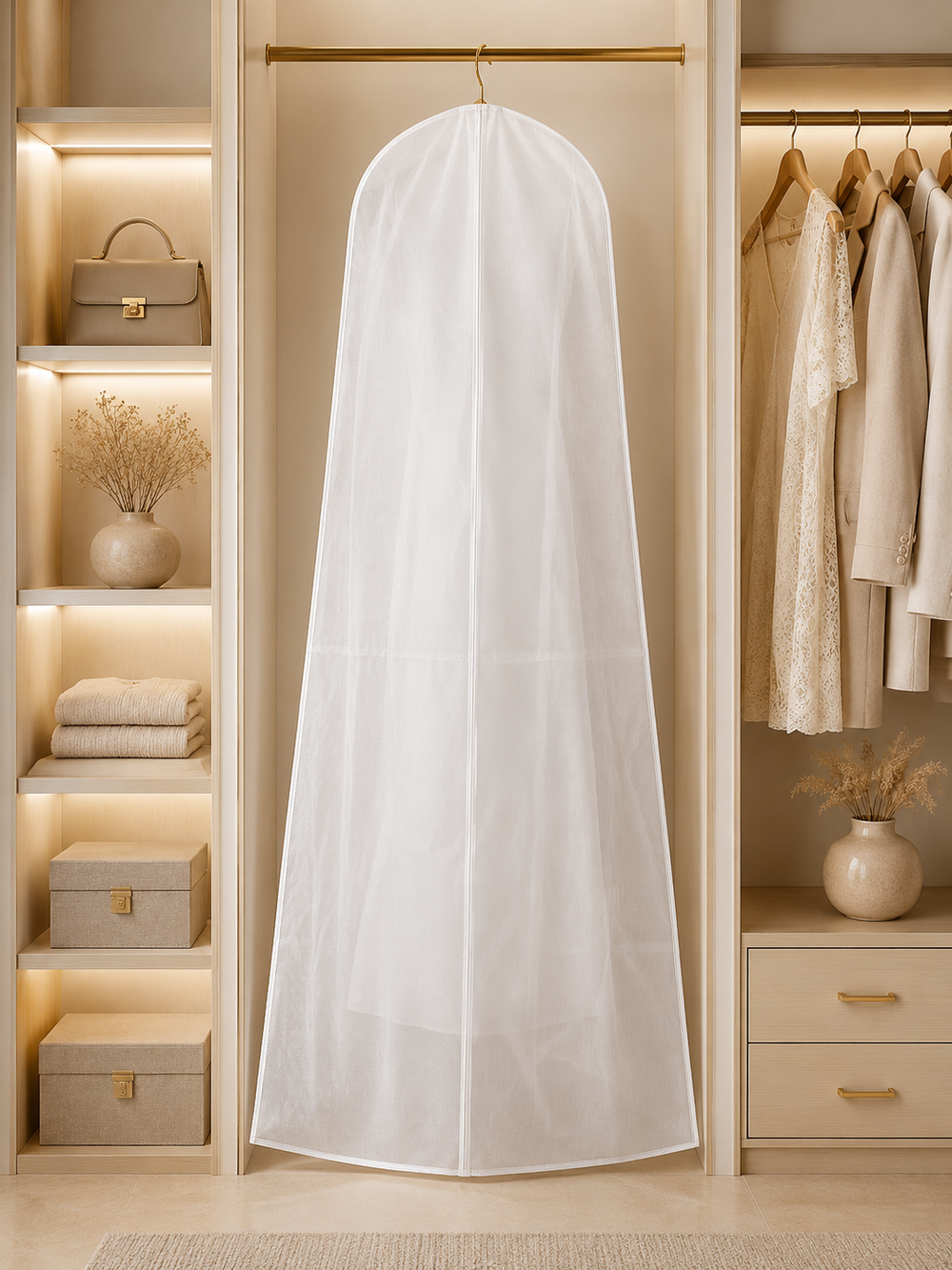 Housse penderie blanche pour robe de mariée suspendue dans un dressing