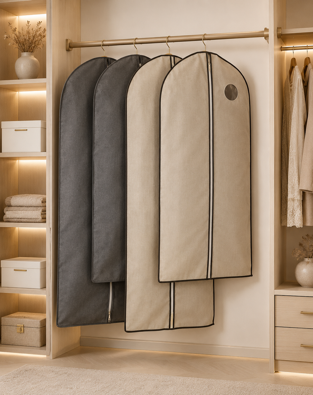Housses penderie gris et beige suspendues dans un dressing