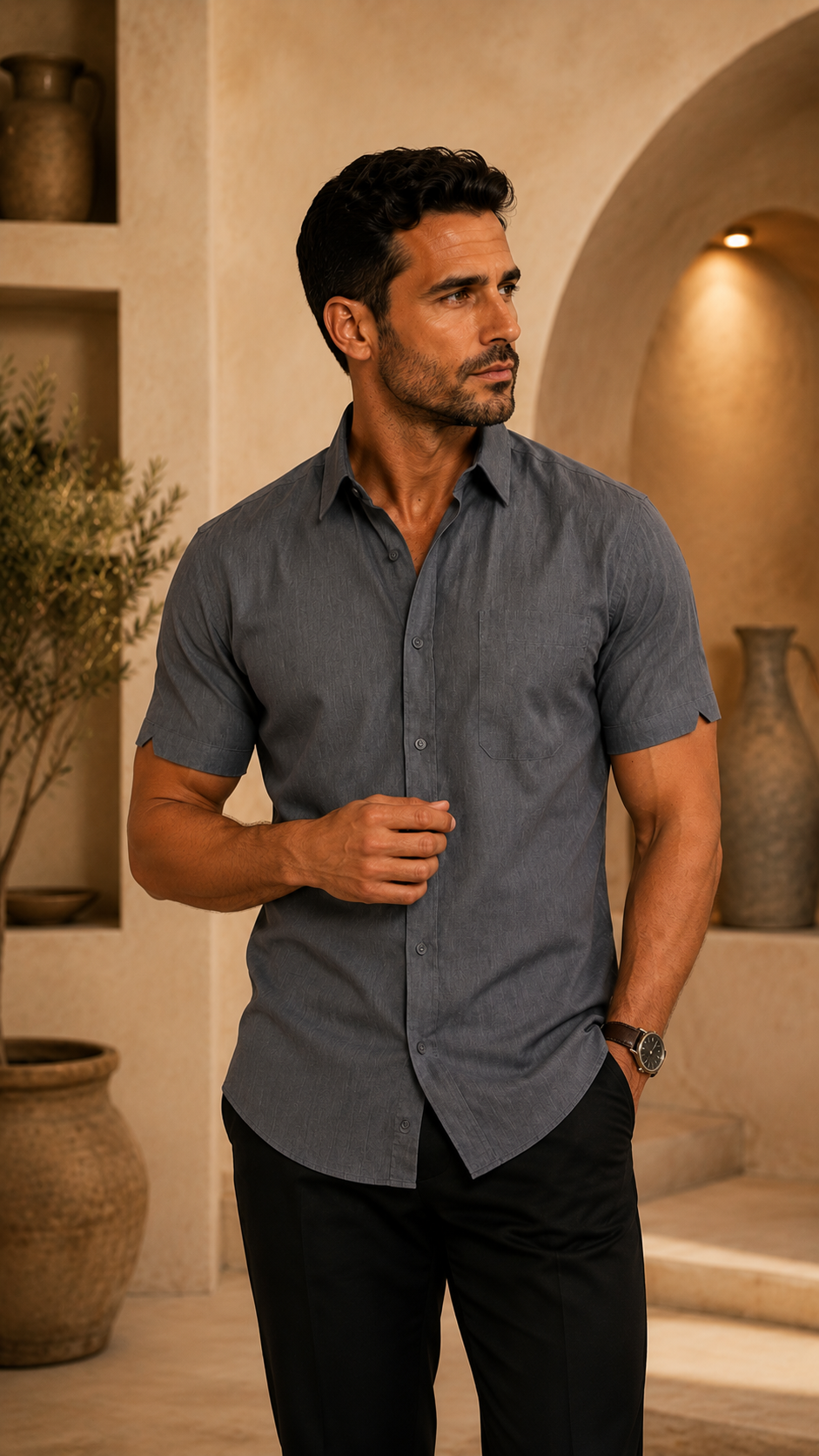 Chemise homme casual grise manches courtes