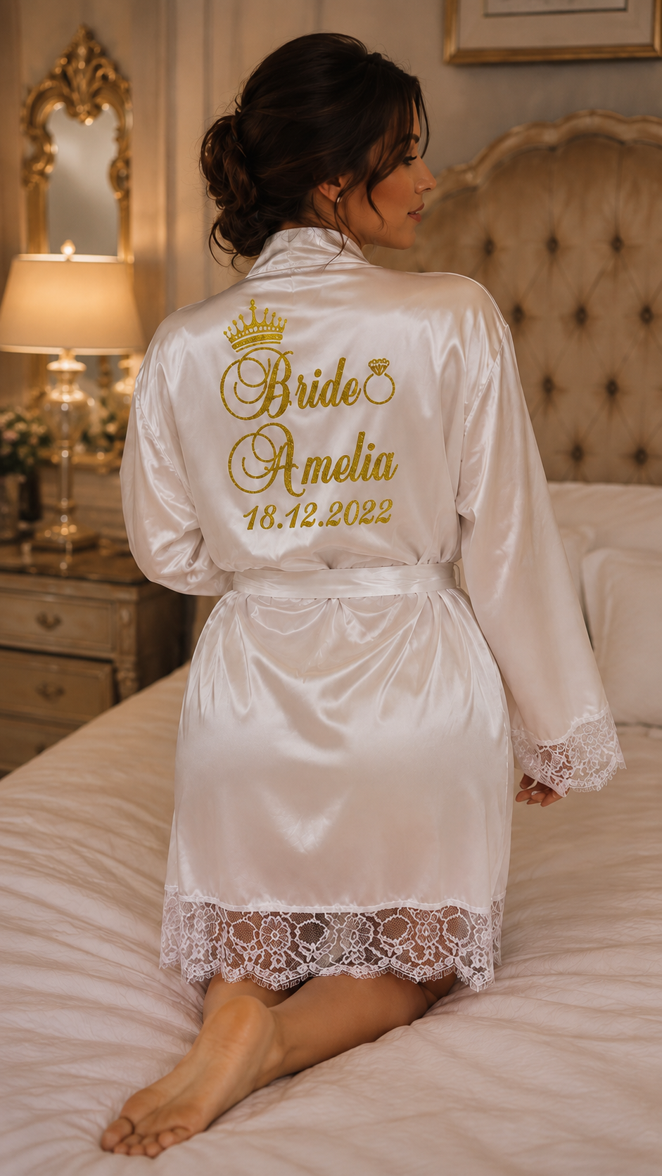 Ensemble Mariée 3 en 1 - Peignoir + Nuisette + Chaussons Personnalisés