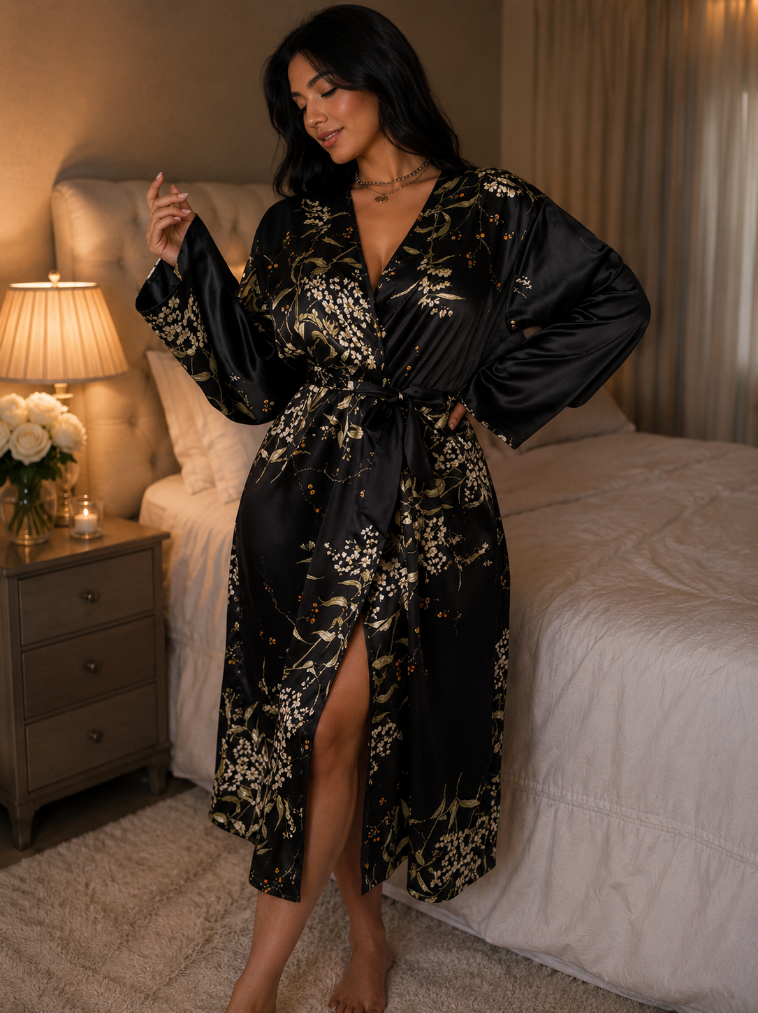 Bata de casa kimono satinada rosa empolvado con estampado floral