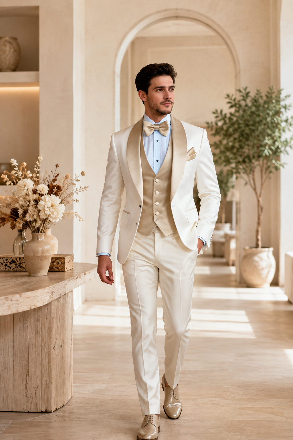 Costume homme trois pièces blanc champagne - vue complète