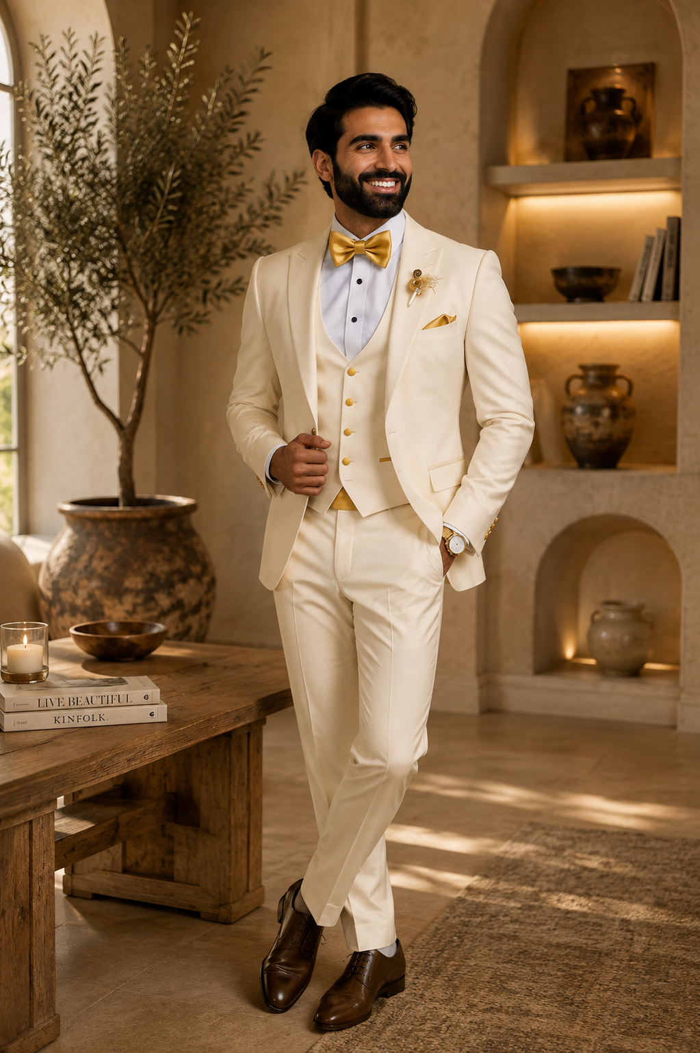 Costume 3 pièces de mariage pour homme avec nœud papillon doré