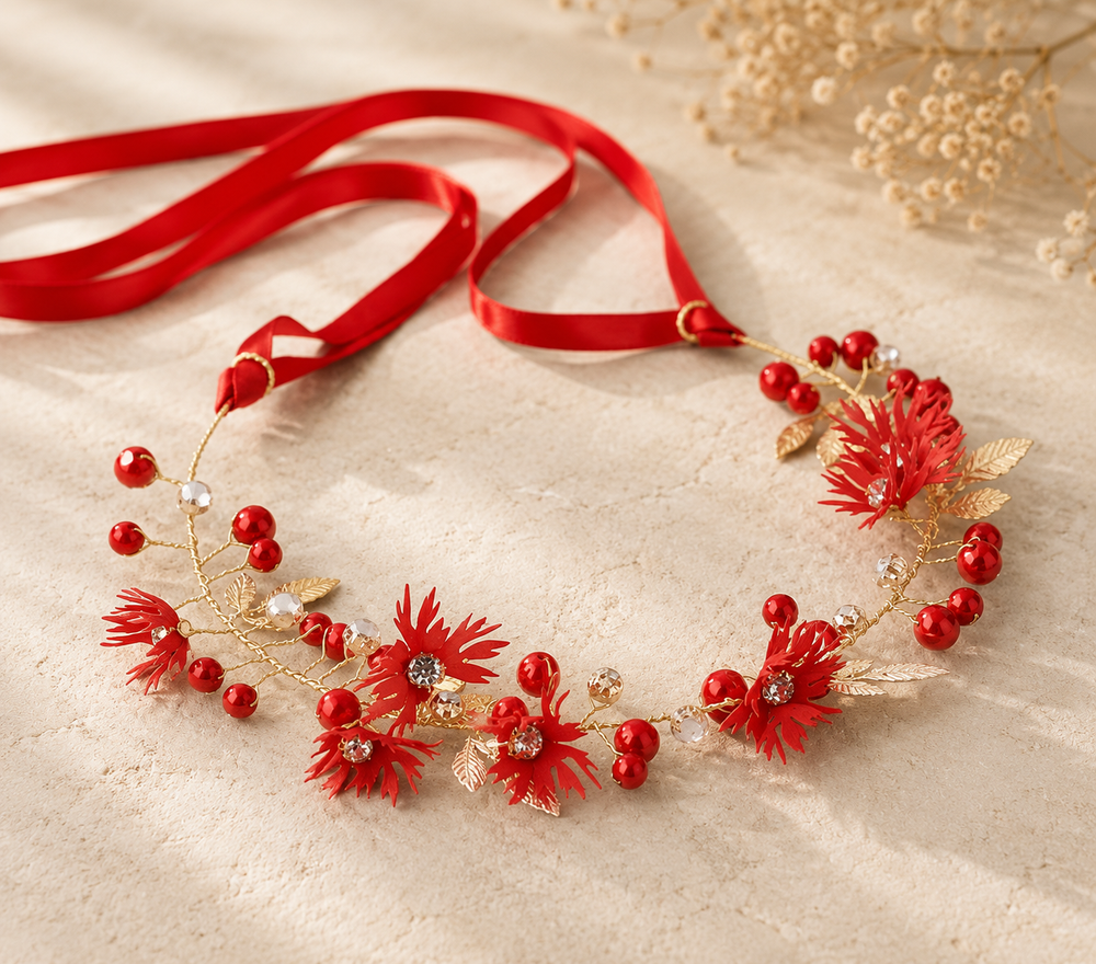 Bandeau Fleuri Rouge Doré Mariage
