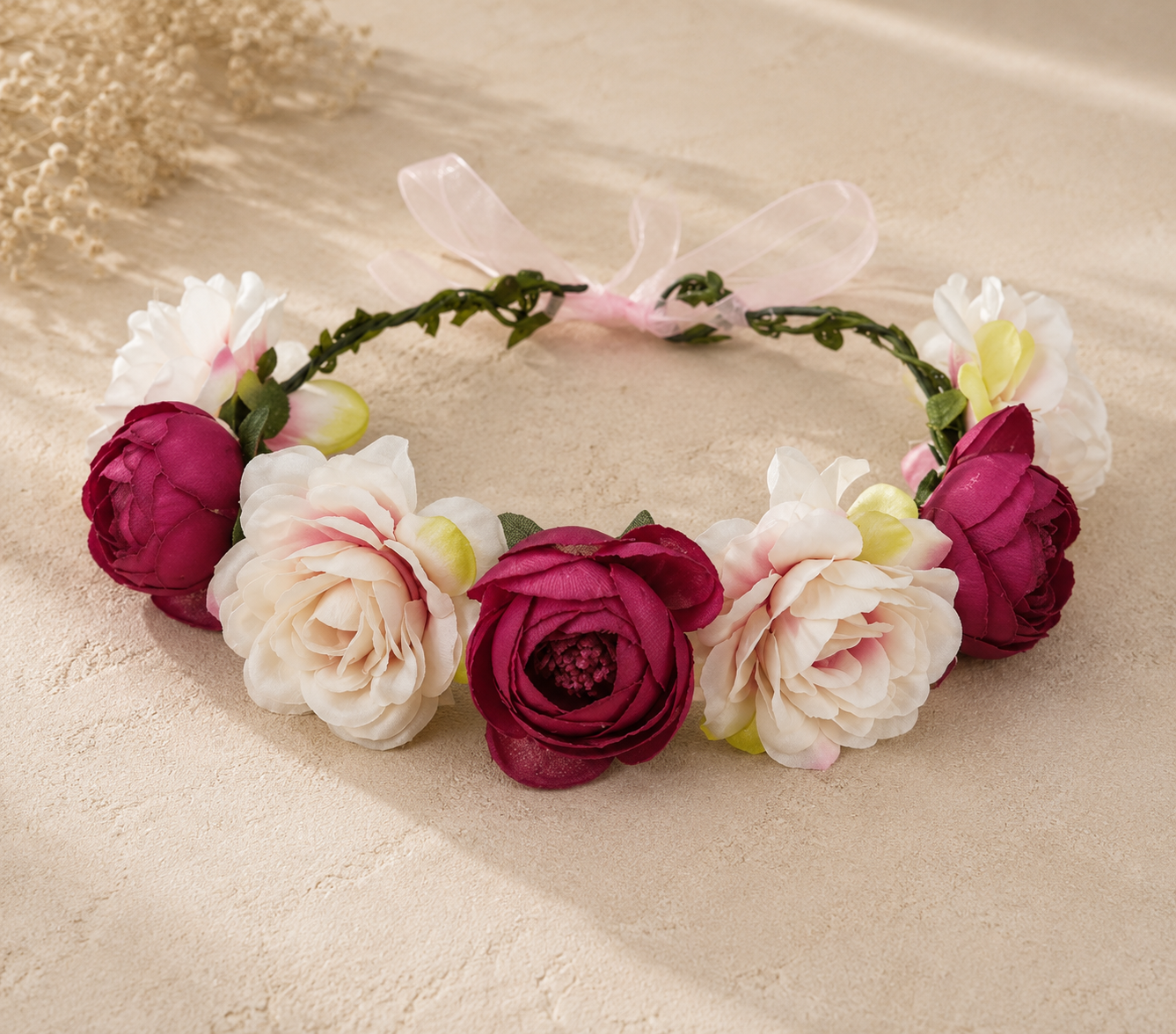Couronne Florale Pivoines Blanches Ruban Organza