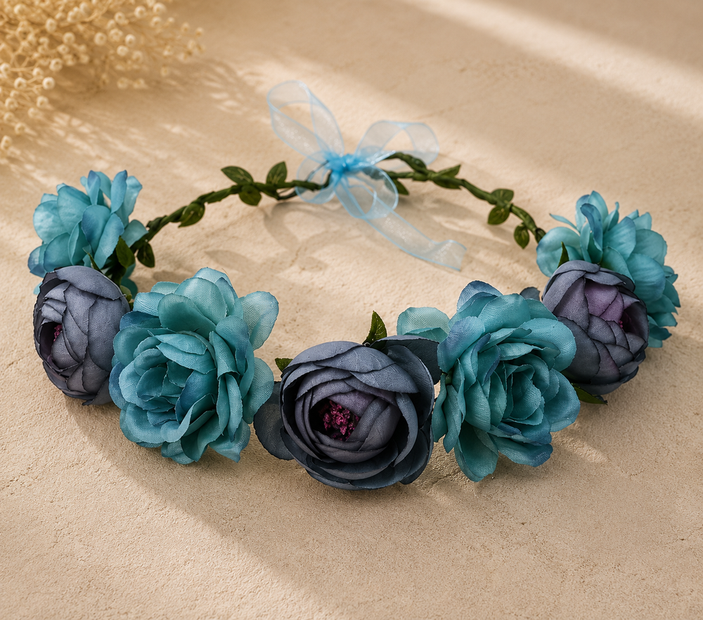 Couronne Florale Bleue et Violette Ruban Bleu